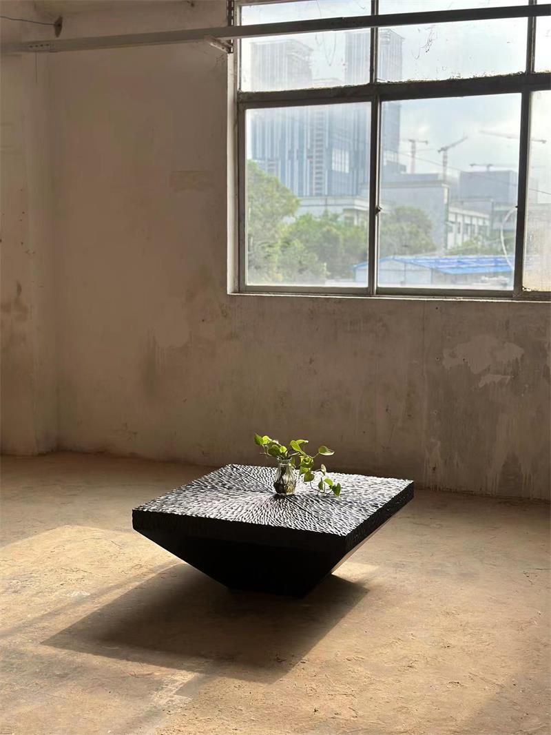 Modern black textured square sculptural-style tea table coffee table