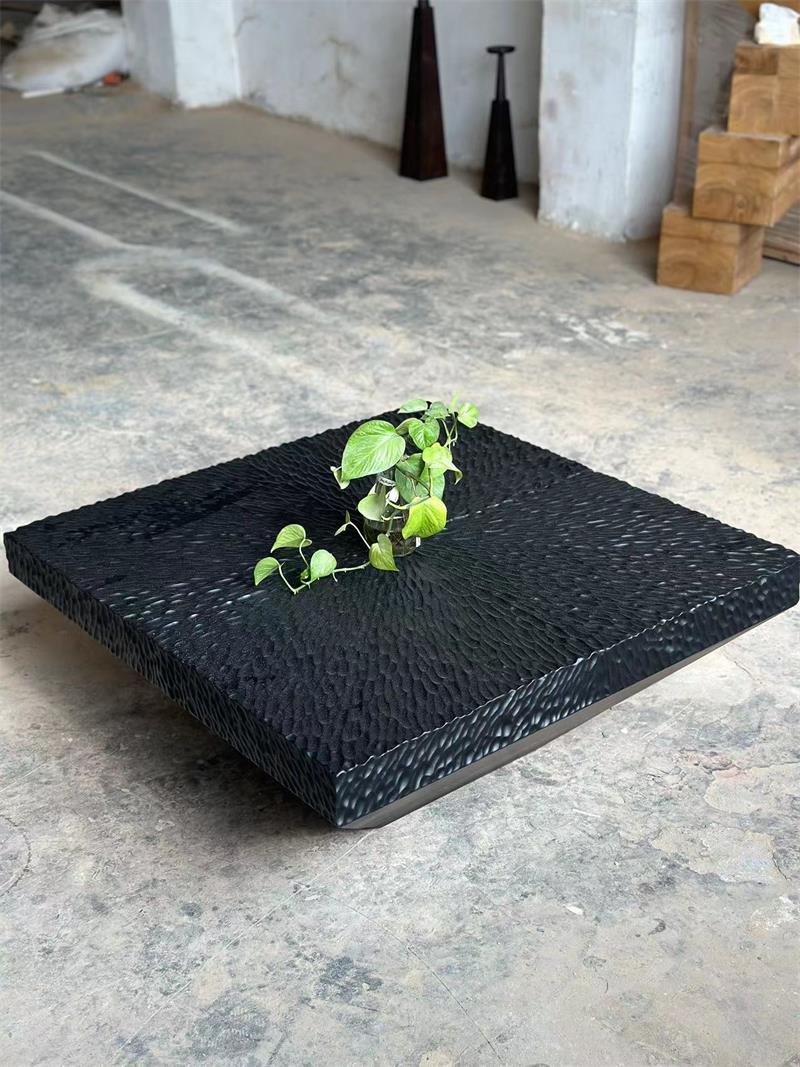 Modern black textured square sculptural-style tea table coffee table