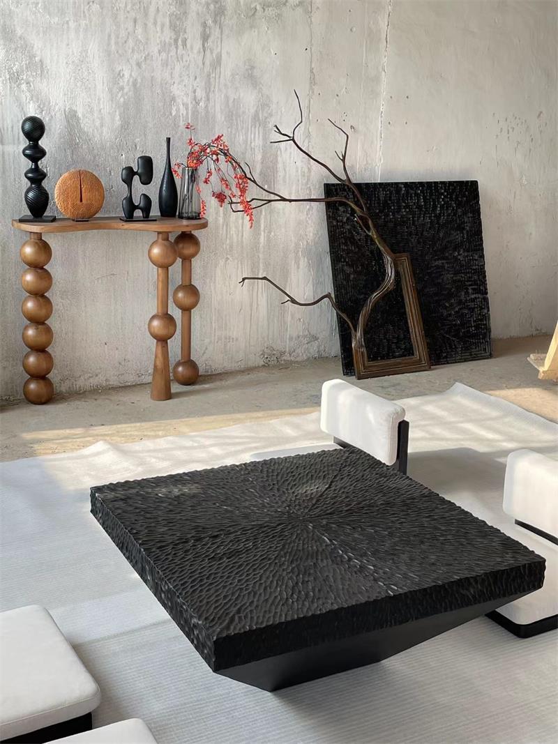Modern black textured square sculptural-style tea table coffee table