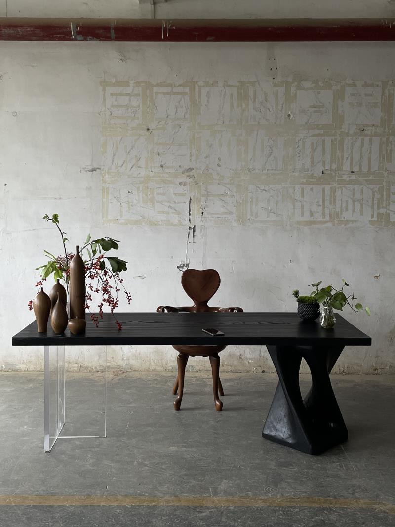 Asymmetrical Modern Acrylic and Sculptural Leg Solid Wood Square Table