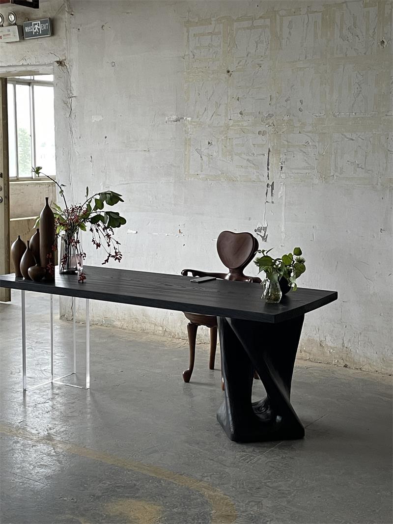 Asymmetrical Modern Acrylic and Sculptural Leg Solid Wood Square Table