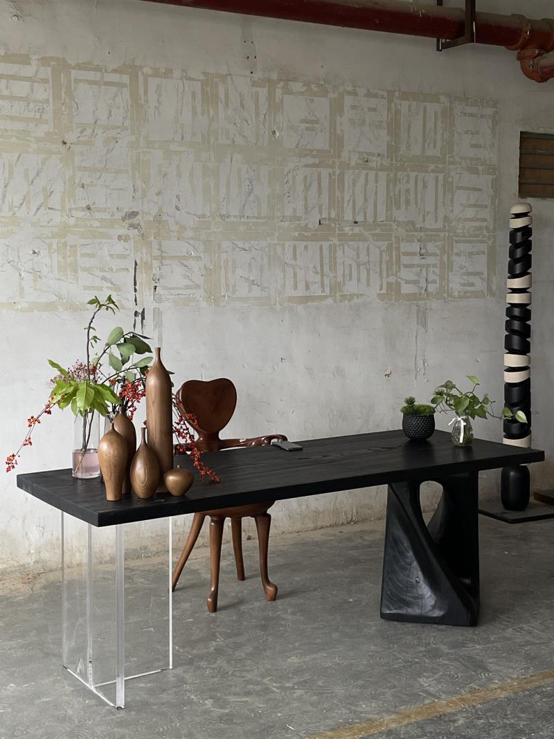 Asymmetrical Modern Acrylic and Sculptural Leg Solid Wood Square Table