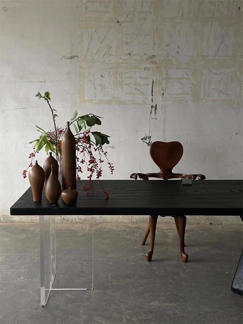 Asymmetrical Modern Acrylic and Sculptural Leg Solid Wood Square Table