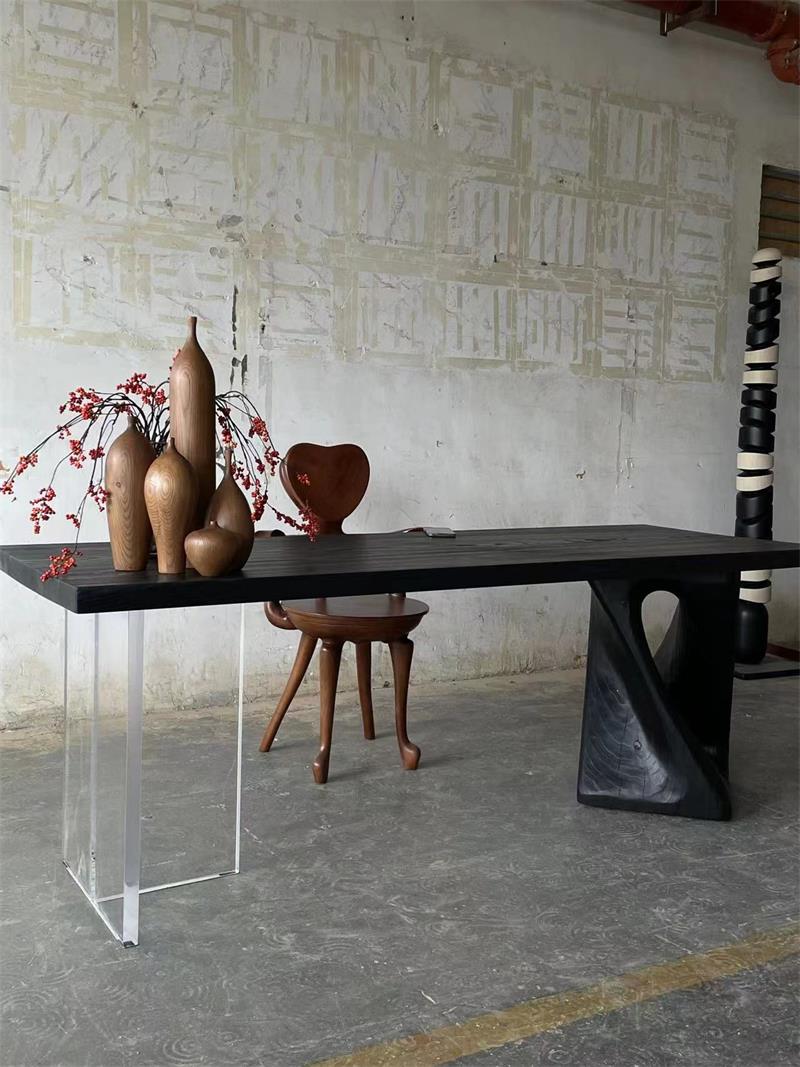 Asymmetrical Modern Acrylic and Sculptural Leg Solid Wood Square Table