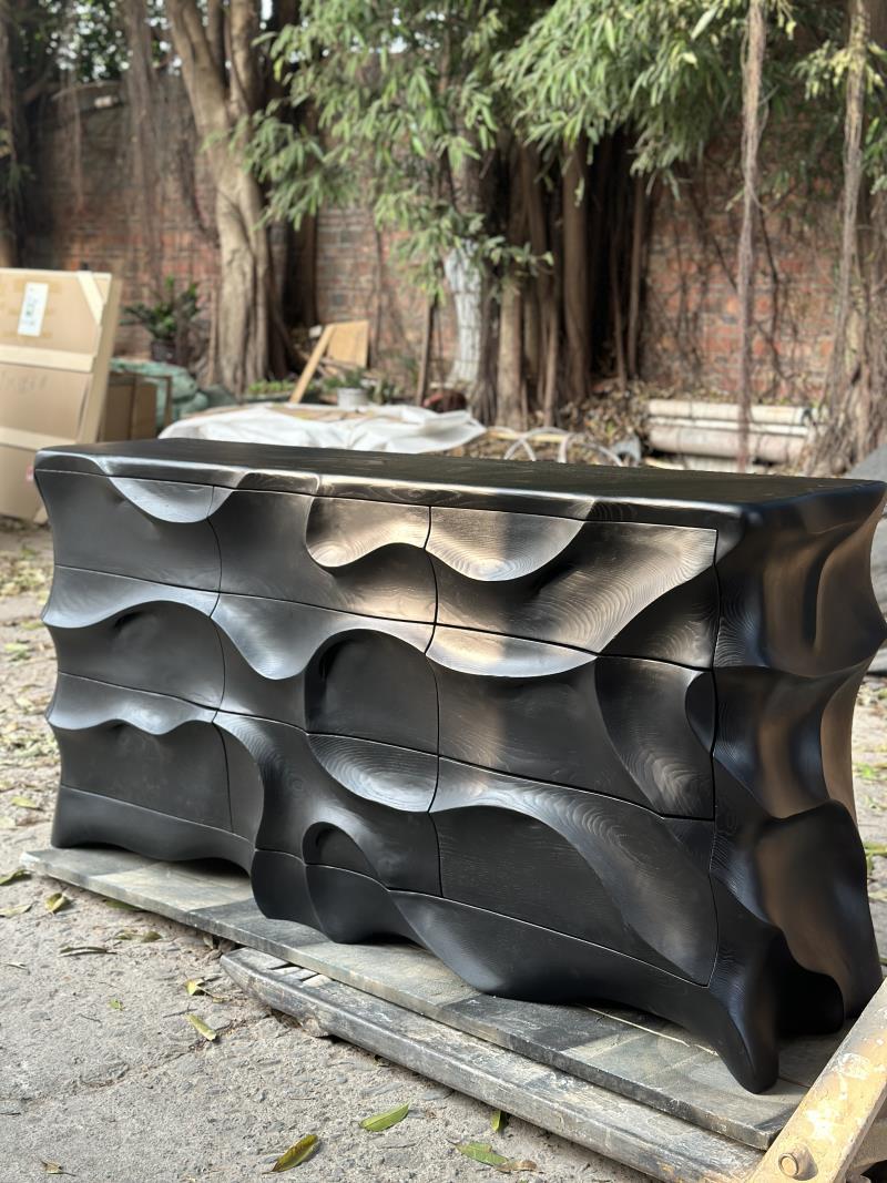 Modern Art Matte Wave Front Sculptural Sideboard Six-Drawer Cabinet