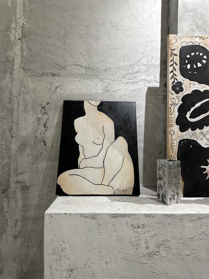 Hand-drawn minimalist female nude art painting