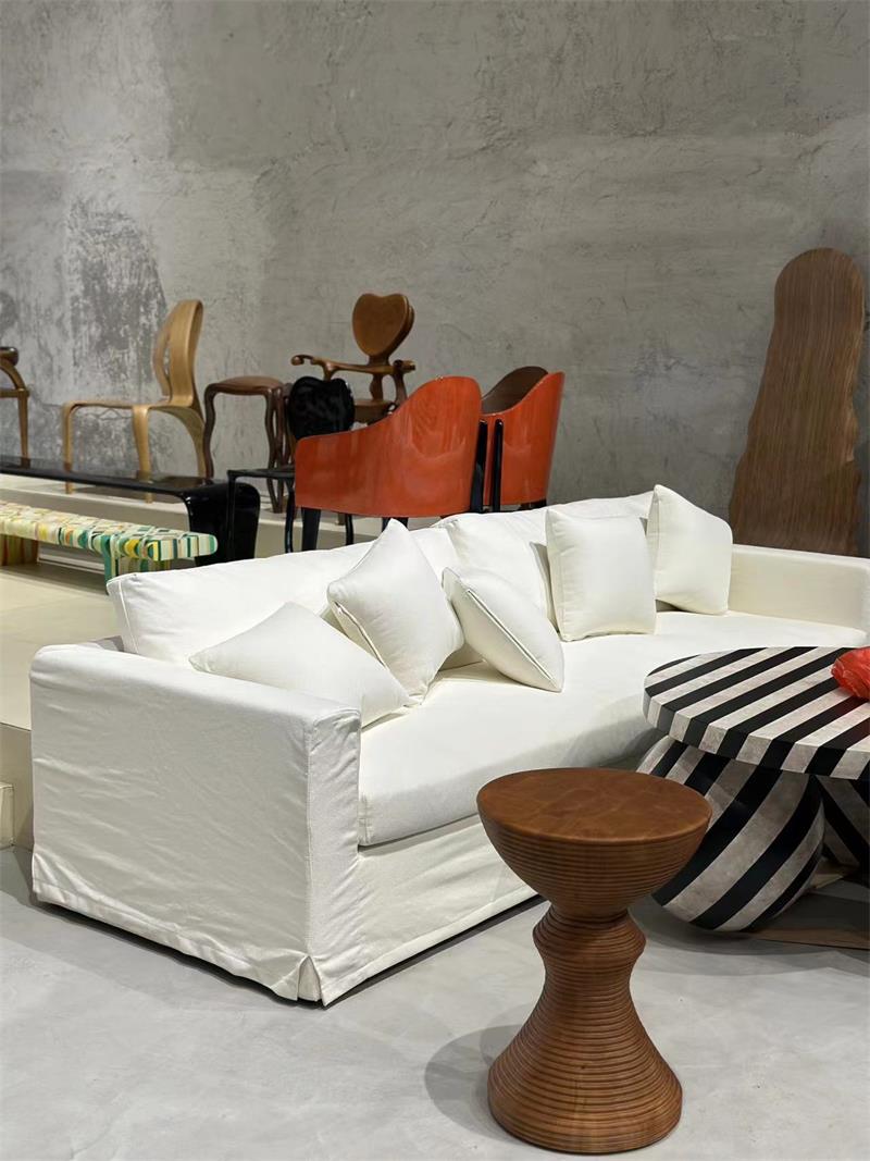 Modern Minimalist Cream White Three-Seater Sofa with Straight Lines
