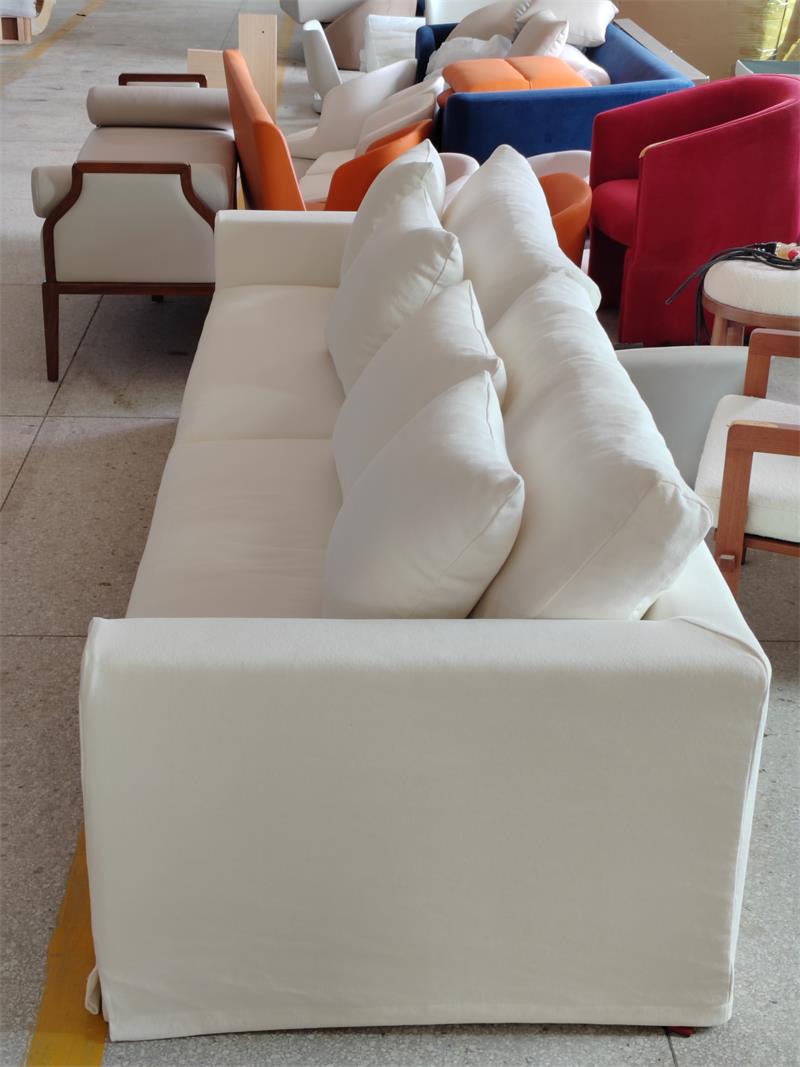 Modern Minimalist Cream White Three-Seater Sofa with Straight Lines