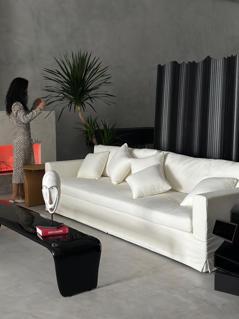 Modern Minimalist Cream White Three-Seater Sofa with Straight Lines