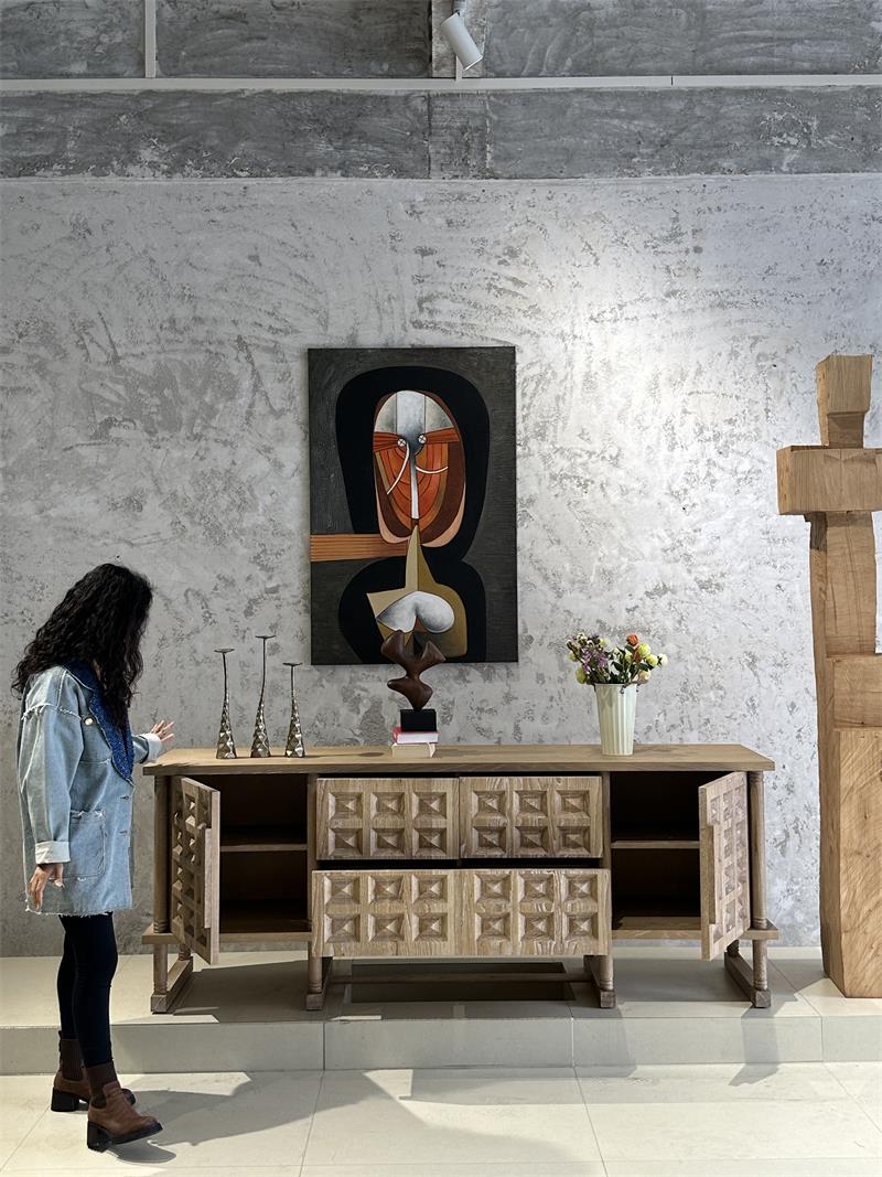 Modern Minimalist Geometric Carved Cottage-Style Solid Wood Sideboard