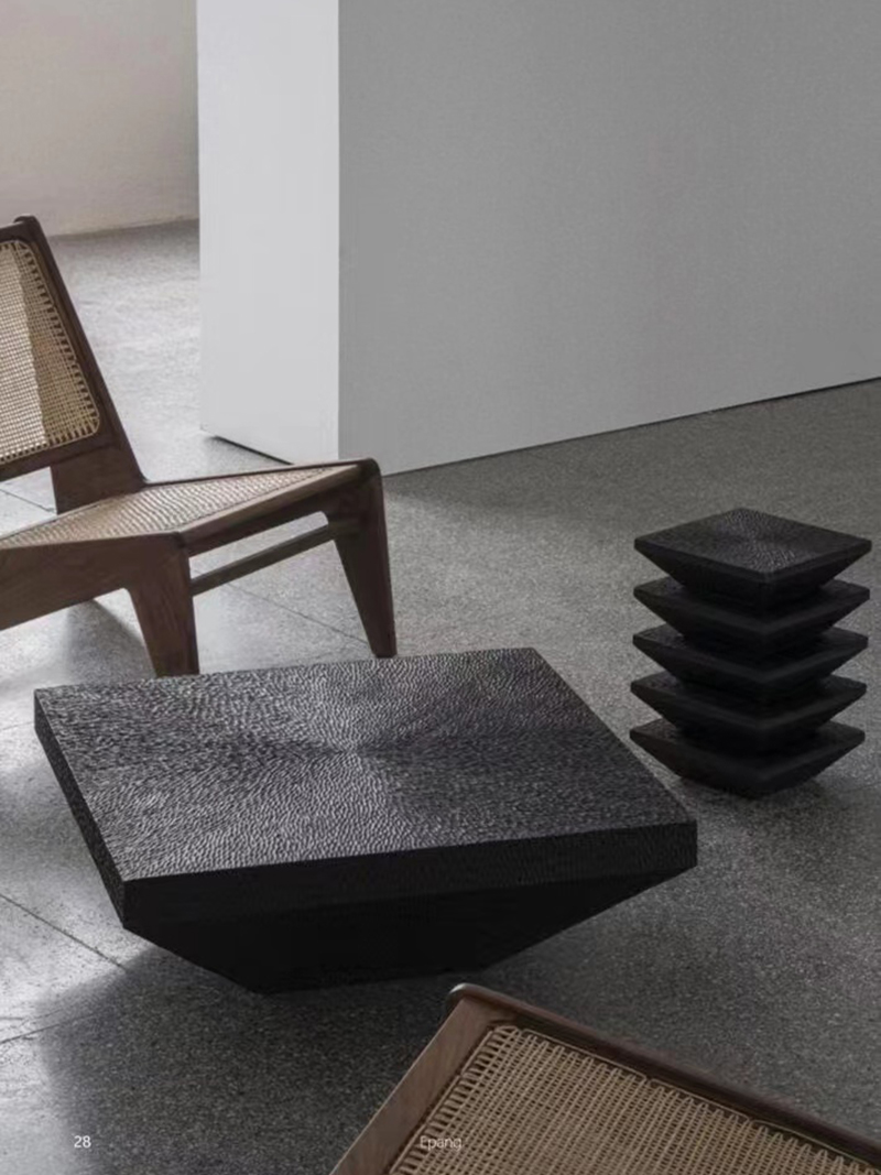 Modern black textured square sculptural-style tea table coffee table