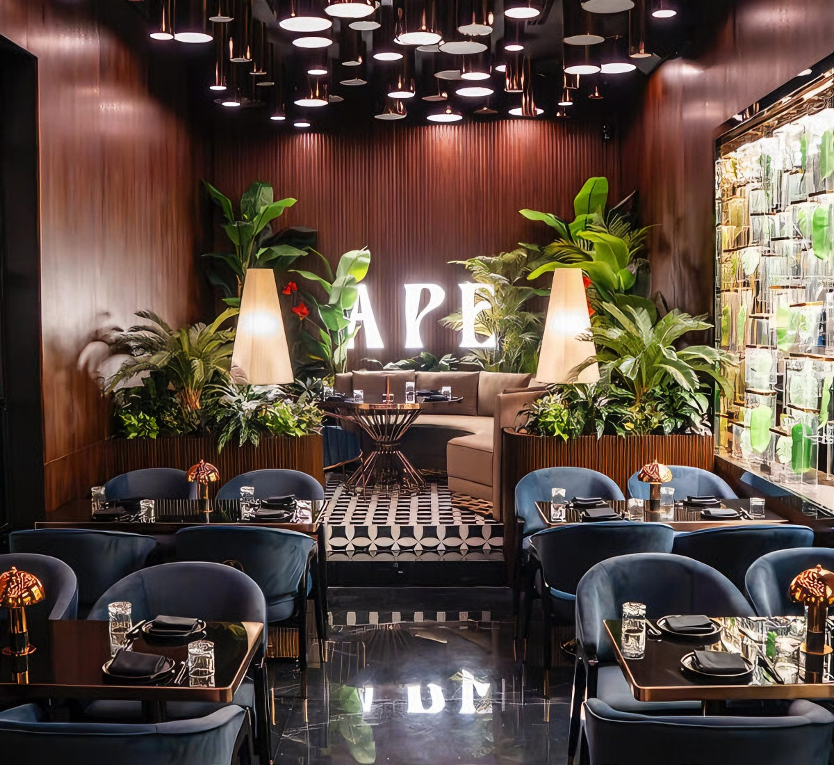 Dubai Restaurant Interior Design Wood Wall Paneling Hotel Dining Chairs and Tables Booth Seat Lounge Bar Counter Furniture