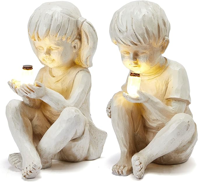 "Glow of Childhood" Solar Statue - Whispering Children Garden Figurine with LED Light