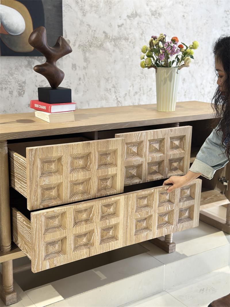 Modern Minimalist Geometric Carved Cottage-Style Solid Wood Sideboard