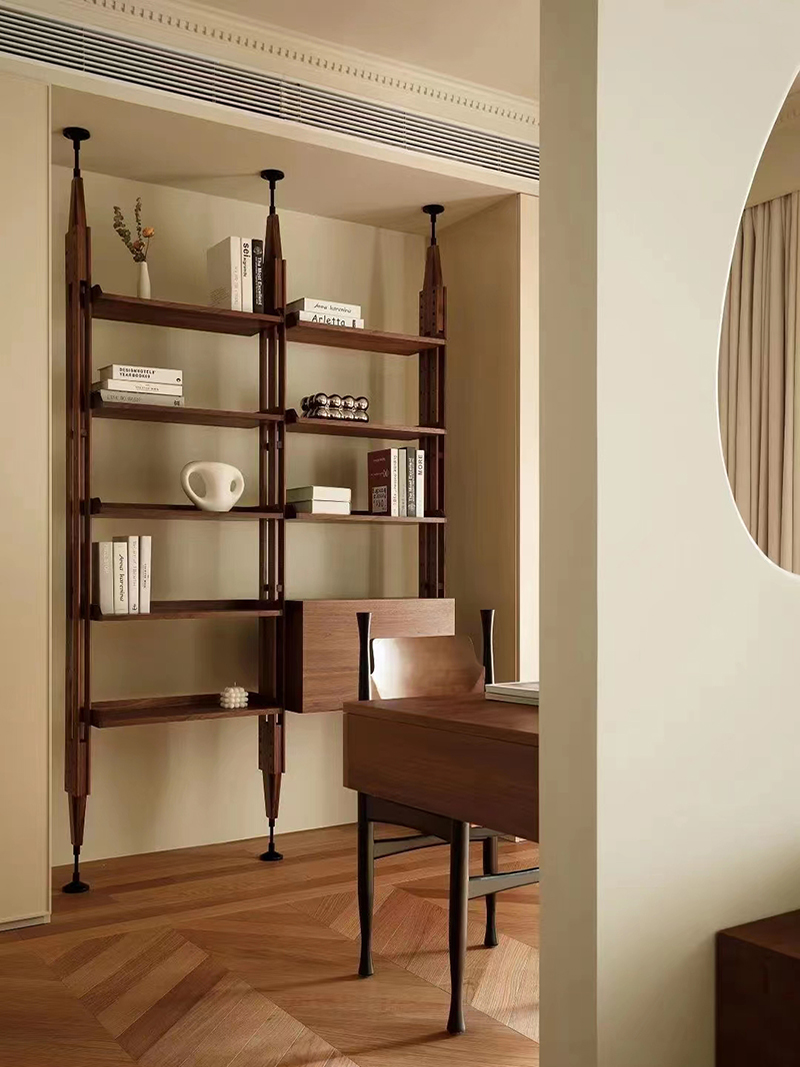 Medieval-style wooden trapezoidal shelving unit wall-mounted bookshelf
