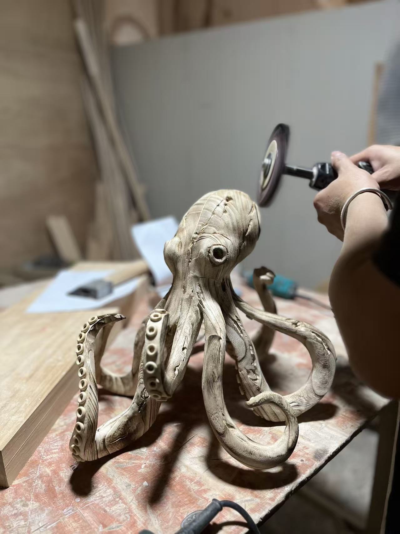 Hand Carved Wooden Octopus Sculpture, Ocean Decor, Solid Wood Octopus Statue, Nautical Art, Coastal Home Decoration