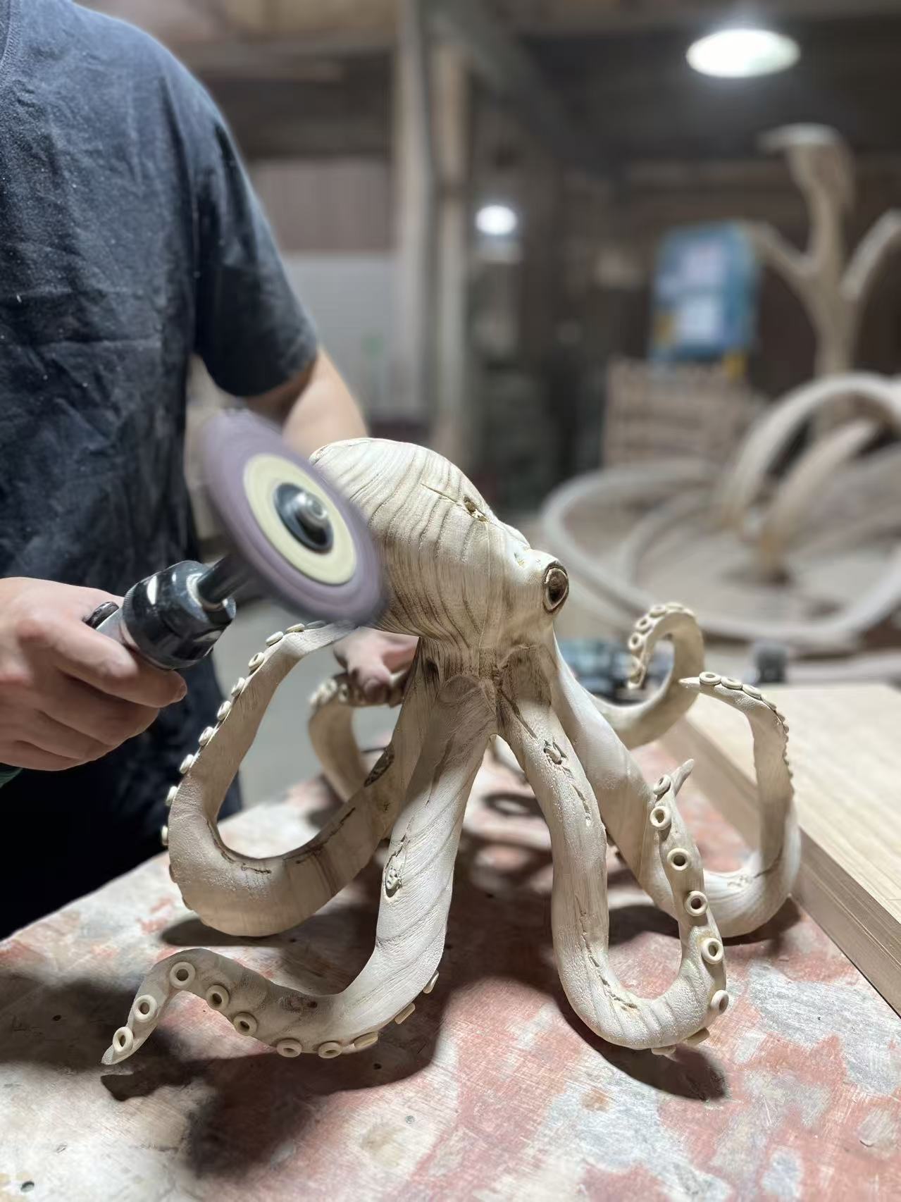 Hand Carved Wooden Octopus Sculpture, Ocean Decor, Solid Wood Octopus Statue, Nautical Art, Coastal Home Decoration