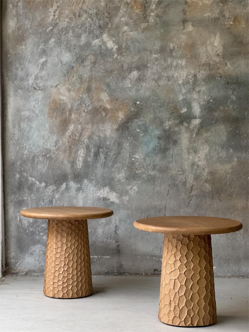 Modern natural hand-carved honeycomb solid wood side table