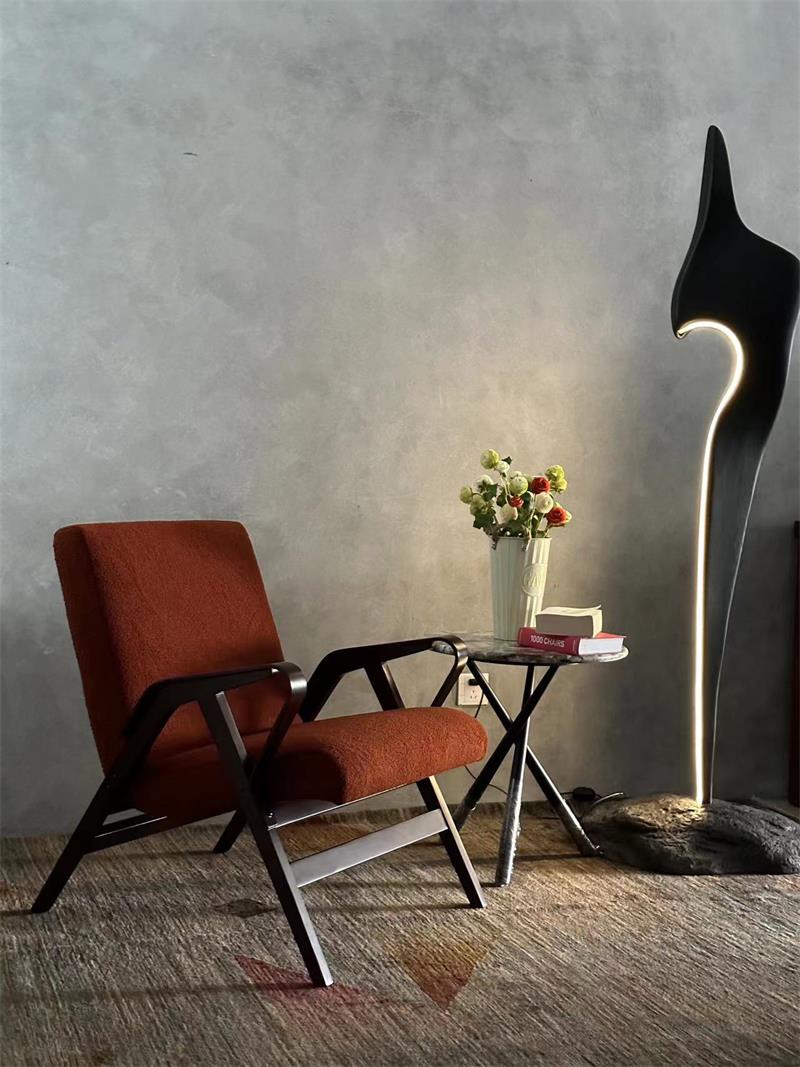 Mid-century industrial style terracotta orange solid wood lounge armchair with soft upholstery