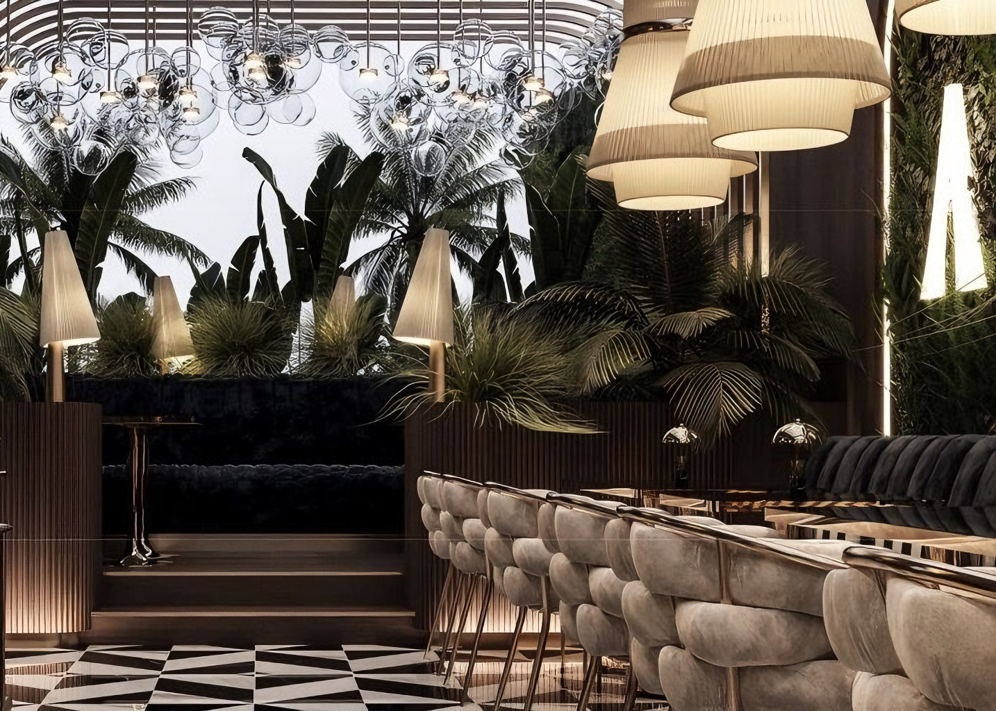 Dubai Restaurant Interior Design Wood Wall Paneling Hotel Dining Chairs and Tables Booth Seat Lounge Bar Counter Furniture