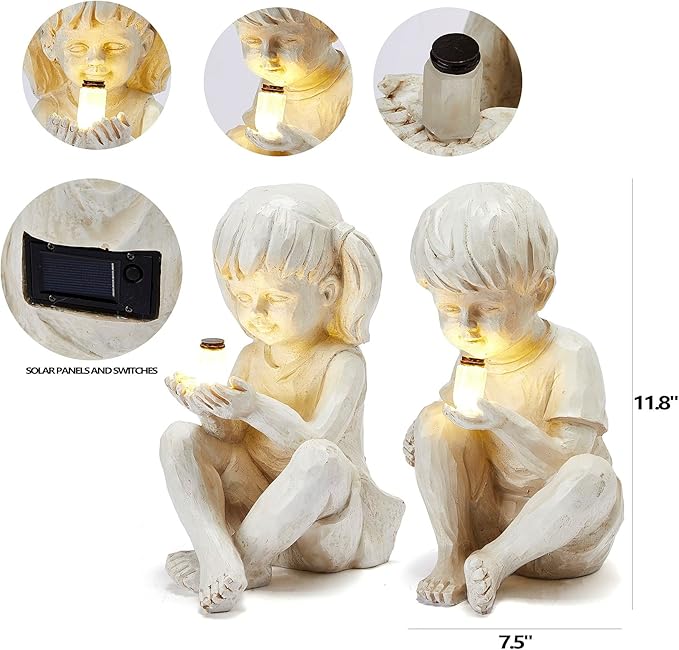 "Glow of Childhood" Solar Statue - Whispering Children Garden Figurine with LED Light