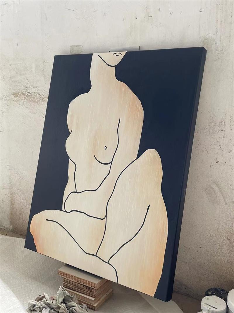 Hand-drawn minimalist female nude art painting