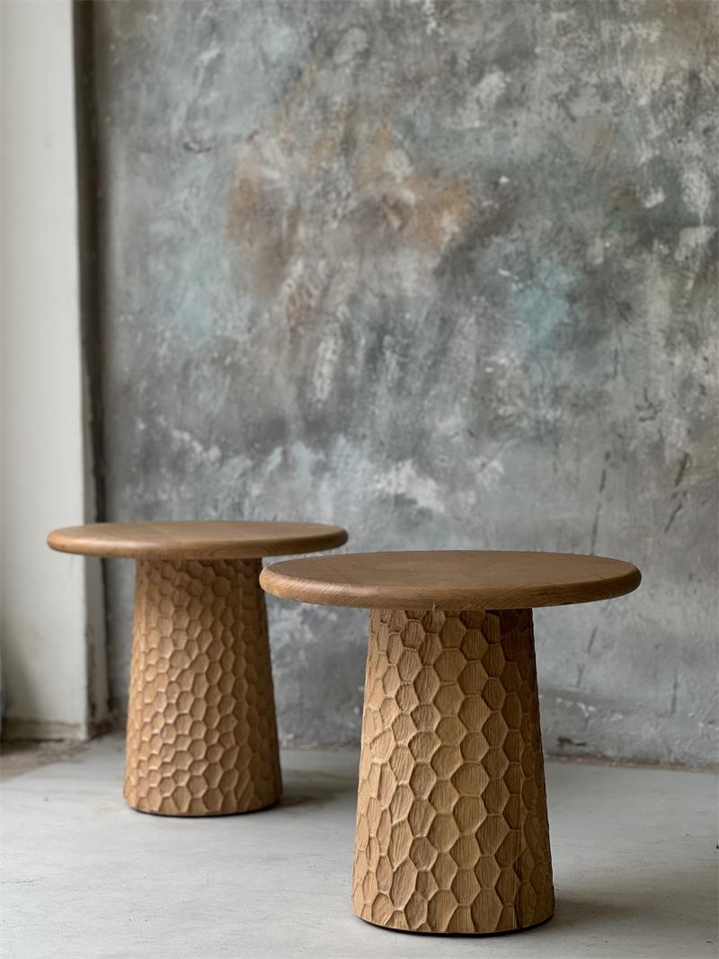 Modern natural hand-carved honeycomb solid wood side table