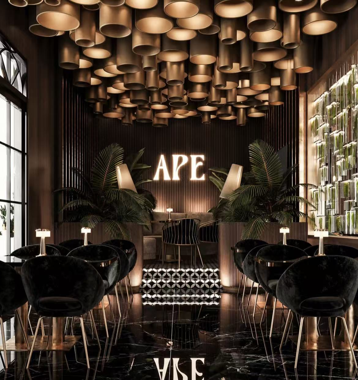 Dubai Restaurant Interior Design Wood Wall Paneling Hotel Dining Chairs and Tables Booth Seat Lounge Bar Counter Furniture