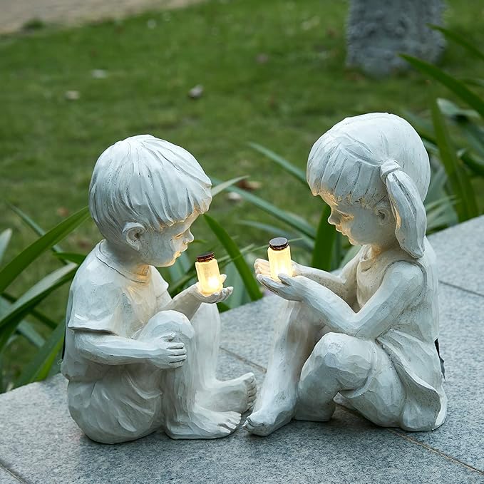 "Glow of Childhood" Solar Statue - Whispering Children Garden Figurine with LED Light