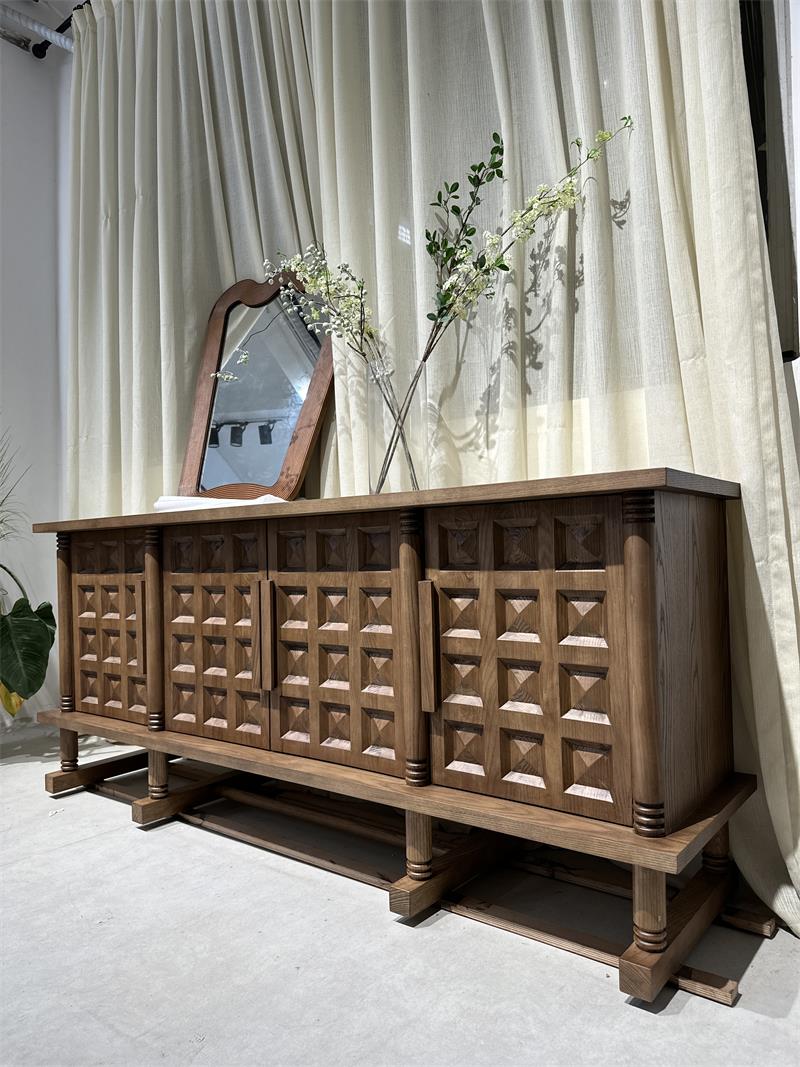 Modern Minimalist Geometric Carved Cottage-Style Solid Wood Sideboard