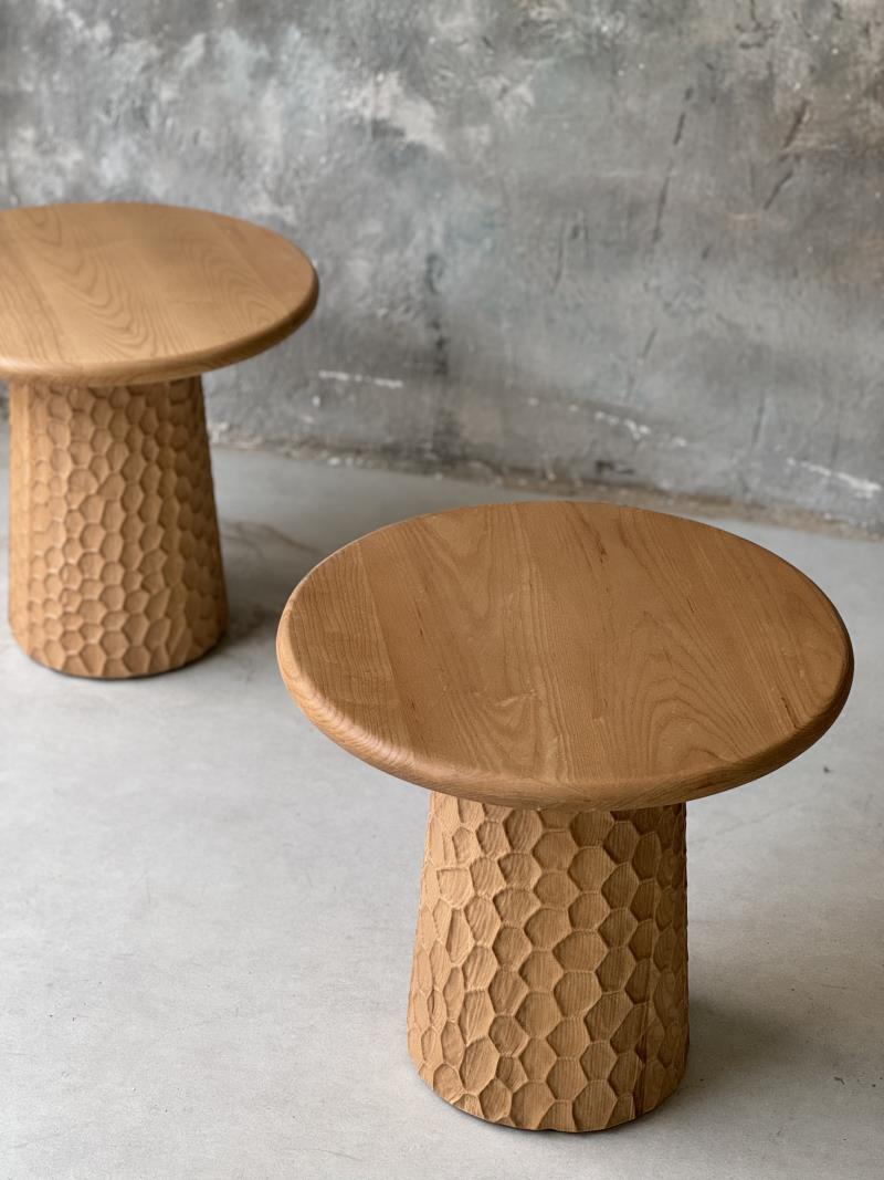 Modern natural hand-carved honeycomb solid wood side table