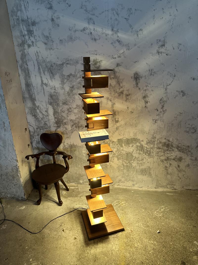 Geometric Stacked Wooden Abstract Sculpture Floor Lamp
