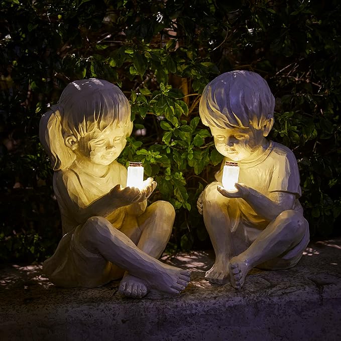 "Glow of Childhood" Solar Statue - Whispering Children Garden Figurine with LED Light