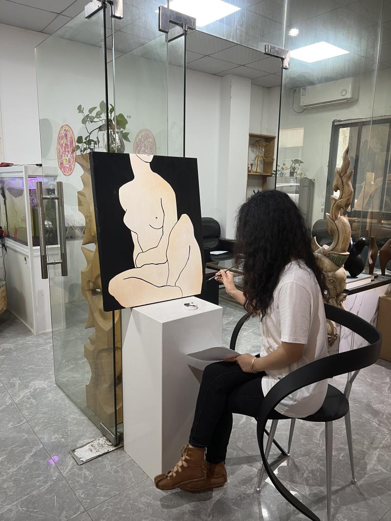Hand-drawn minimalist female nude art painting
