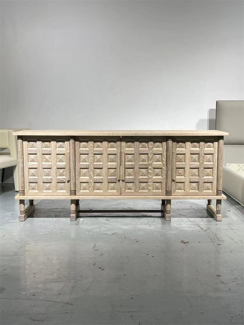 Modern Minimalist Geometric Carved Cottage-Style Solid Wood Sideboard