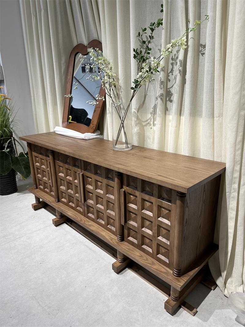 Modern Minimalist Geometric Carved Cottage-Style Solid Wood Sideboard