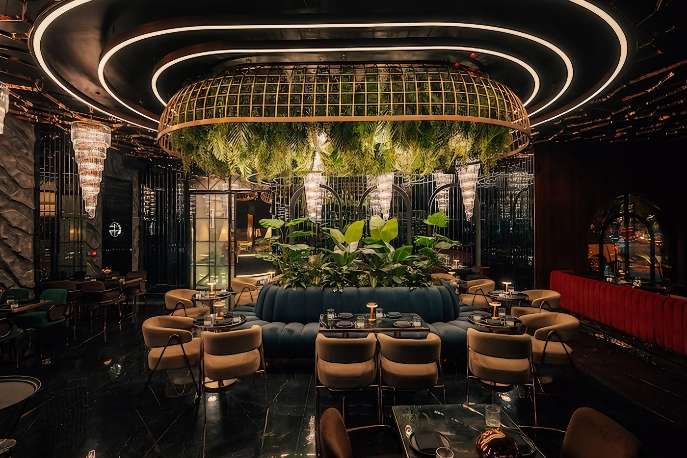 Dubai Restaurant Interior Design Wood Wall Paneling Hotel Dining Chairs and Tables Booth Seat Lounge Bar Counter Furniture