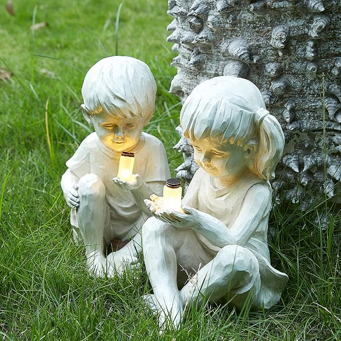 "Glow of Childhood" Solar Statue - Whispering Children Garden Figurine with LED Light