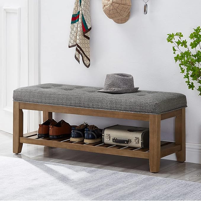 Large Rectangular Upholstered Tufted Linen Fabric Ottoman Bench