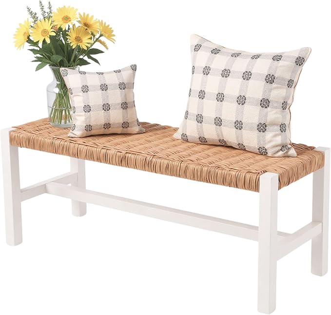 Modern Farmhouse Indoor Decorative Bench with Handcrafted Woven Rope Seat