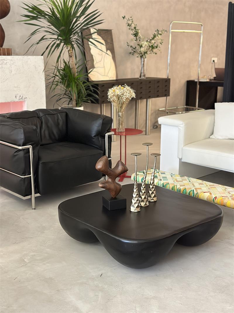 Modern organic-shaped irregular matte black living room coffee table