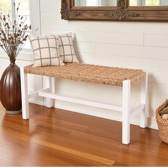 Modern Farmhouse Indoor Decorative Bench with Handcrafted Woven Rope Seat