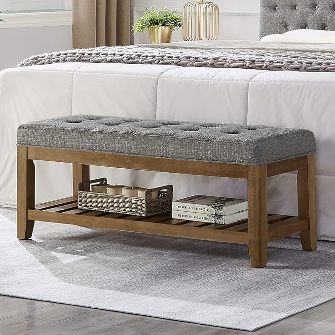 Large Rectangular Upholstered Tufted Linen Fabric Ottoman Bench