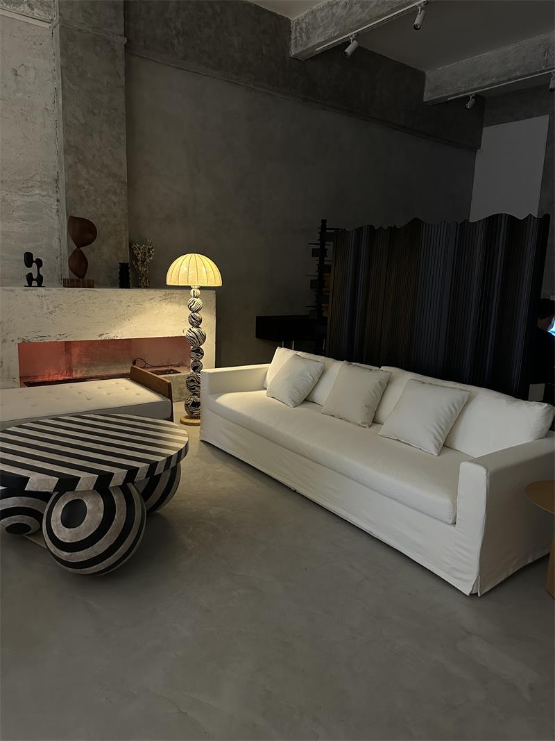 Modern Minimalist Cream White Three-Seater Sofa with Straight Lines