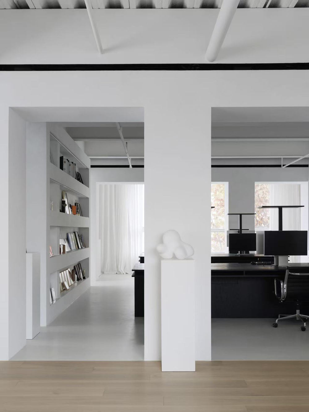 Living room with modern furniture and kitchen