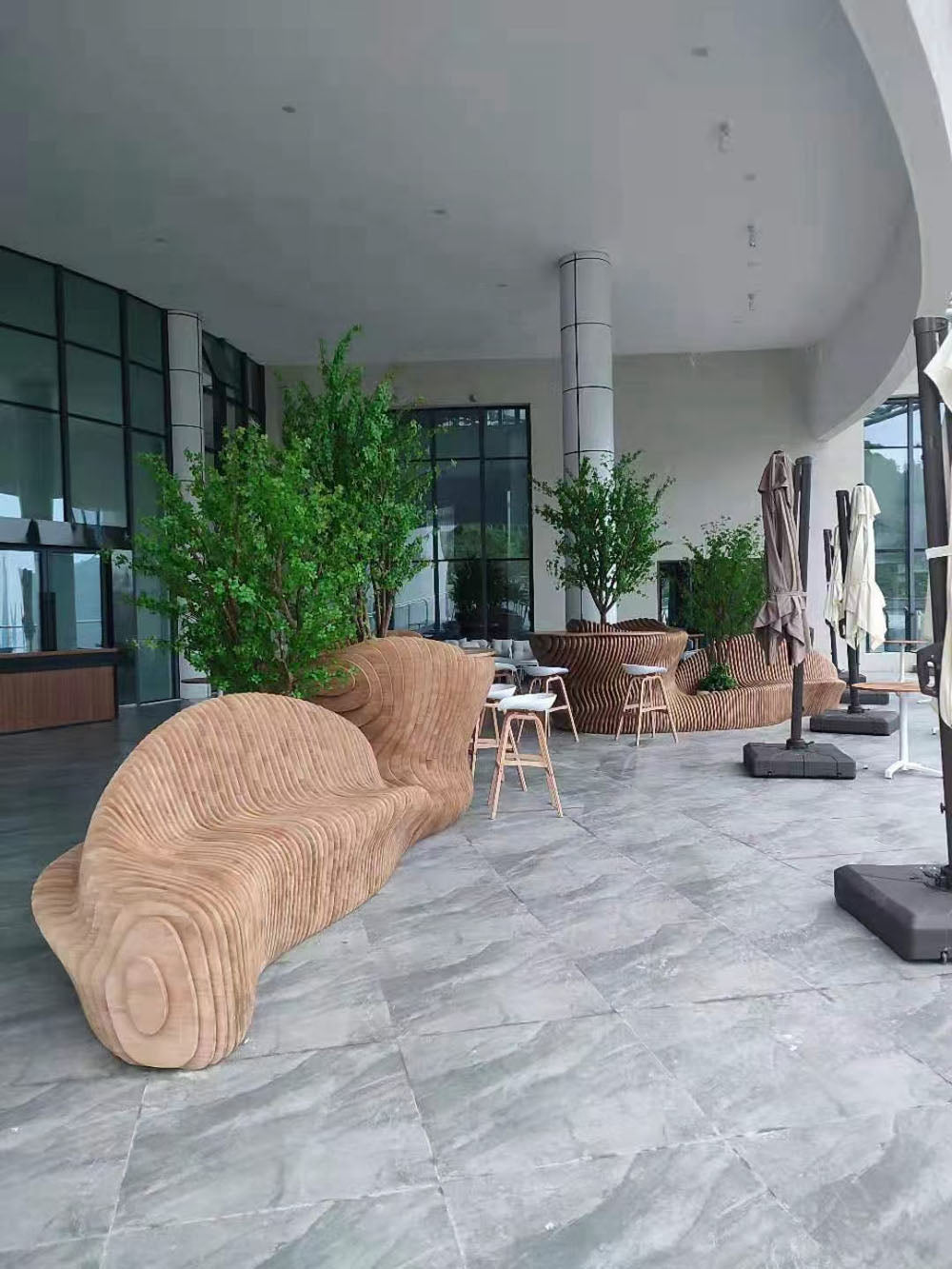 Living room with modern furniture and kitchen