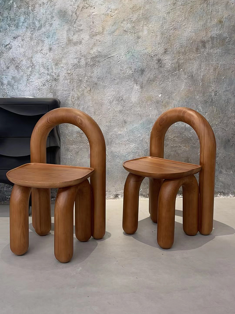Organic modern hand-carved solid wood chubby arched small chair