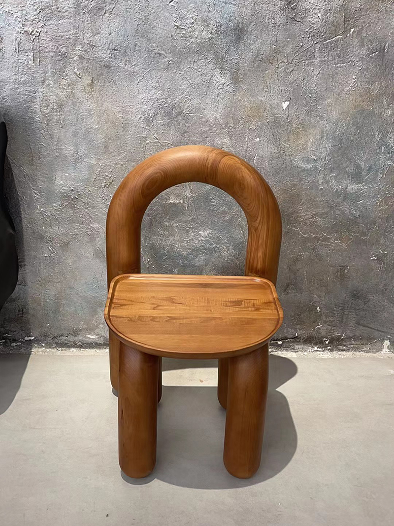 Organic modern hand-carved solid wood chubby arched small chair