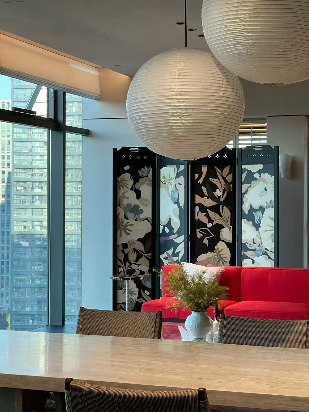 Living room with modern furniture and kitchen