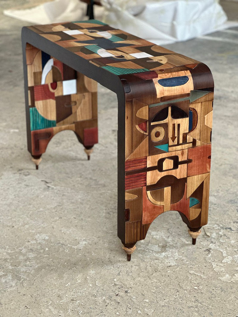 Wood Abstract Inlays Console Table